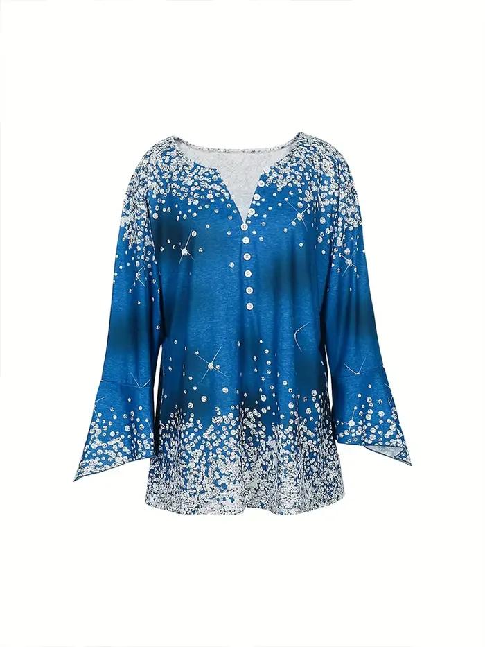 Pull à col rond et manches évasées imprimé pour femme, taille plus, haut décontracté d'automne, col en V à pois, tenue décontractée pour tous les jours