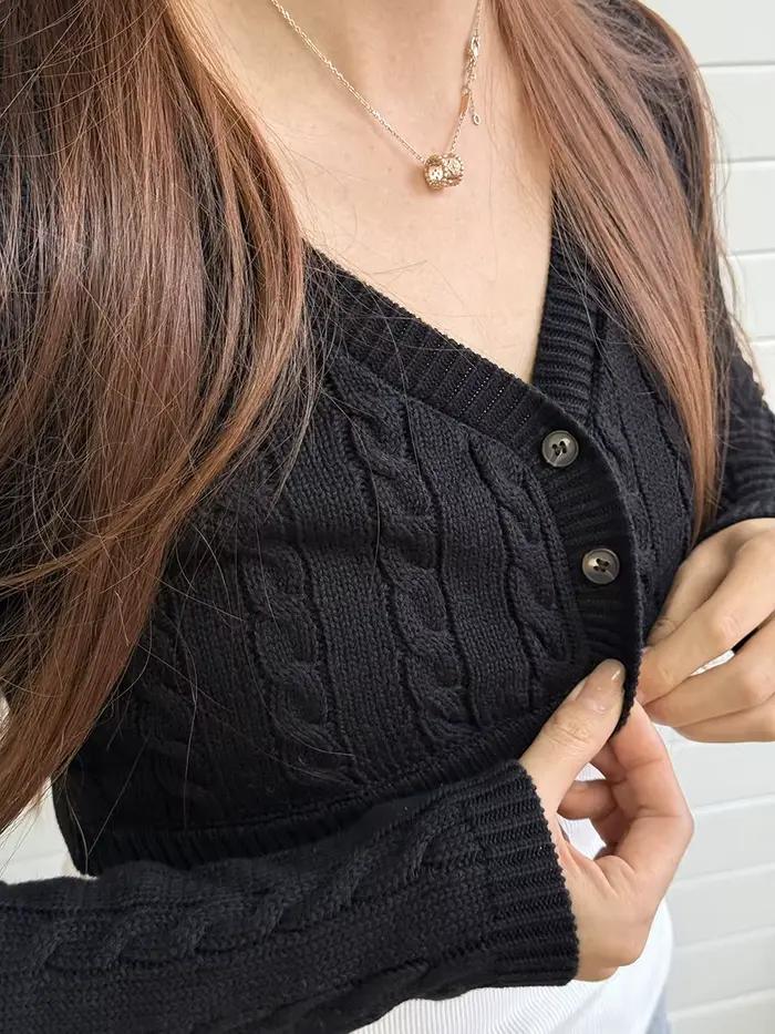 Cardigan court noir en maille torsadée pour femme style vintage chic élégant pour femmes occasions spéciales automne hiver