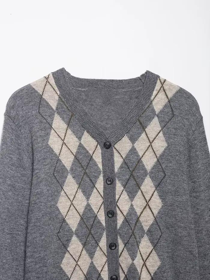 Cardigan Gris à Carreaux Irreguliers Femme Mode Décontractée Nouvelle Collection Automne Occasions Spéciales