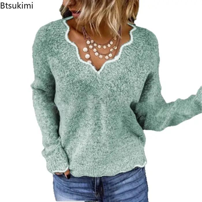 Pull décontracté à col en V pour femmes, couleur unie, polyester, automne hiver, manches longues, occasions casual et soirées