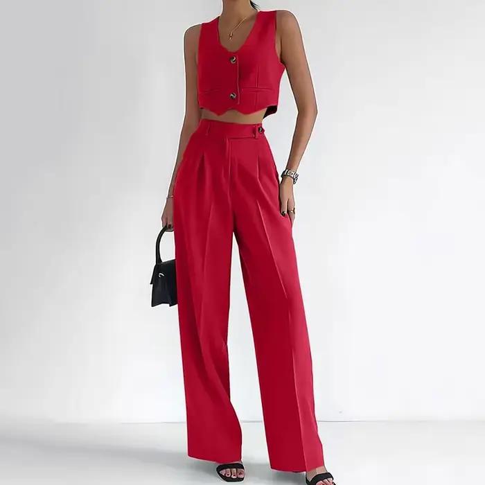Gilet pour femmes avec pantalon droit, col en V, sans manches, polyester, pour femmes de bureau, été, ensemble 2 pièces, couleur unie, ajustement mince