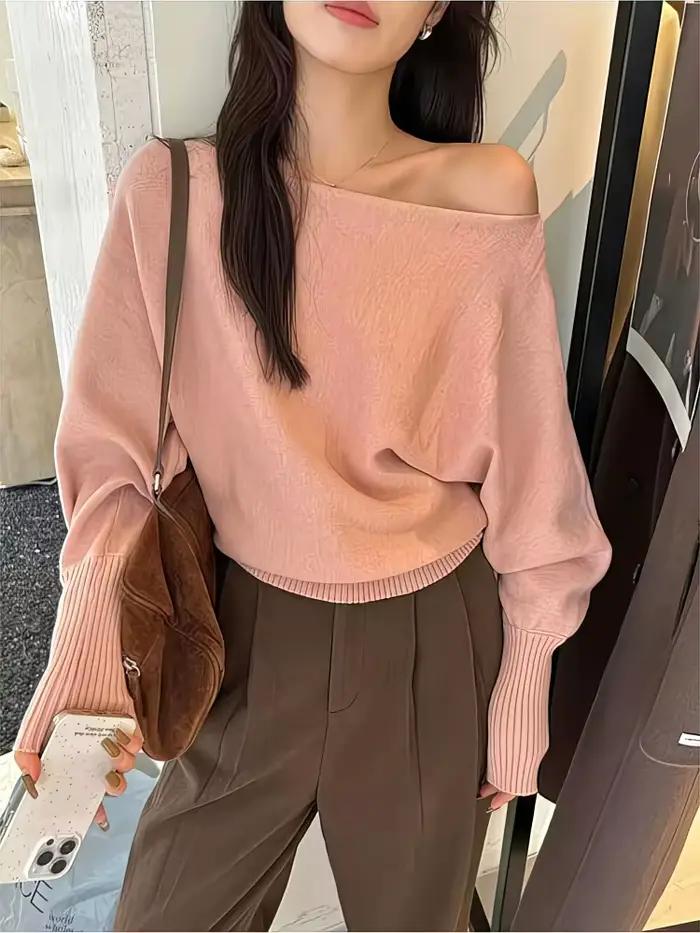 Pull tricoté ample à manches longues pour femme, haut épais à épaules dénudées, style décontracté pour l'automne hiver occasions spéciales