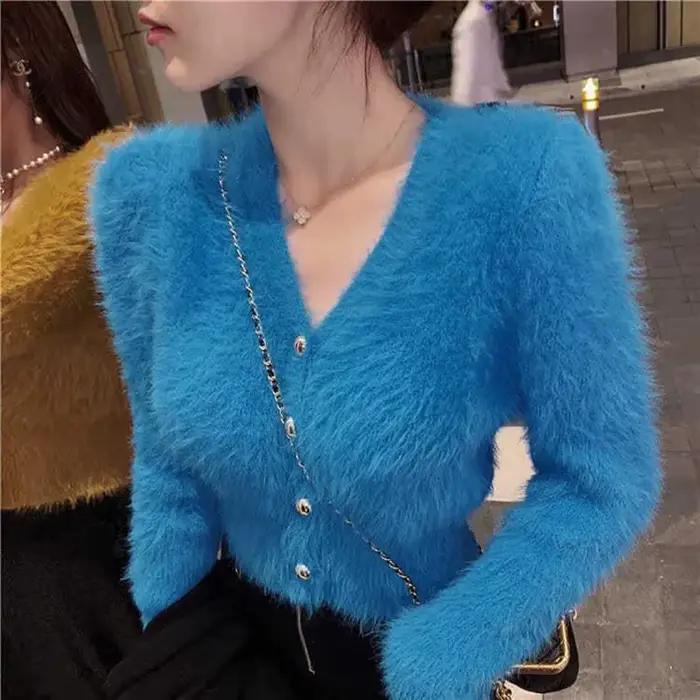 Vintage recadrée Mohair tricoté Cardigan femmes col en V pull manteau Streetwear coréen noir blanc tricots solide mince pulls nouveau