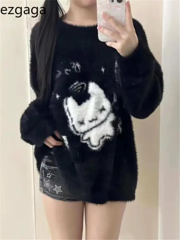 Ezgaga femme pull doux dessin animé Style Preppy automne hiver col rond ample mode vêtements d'extérieur