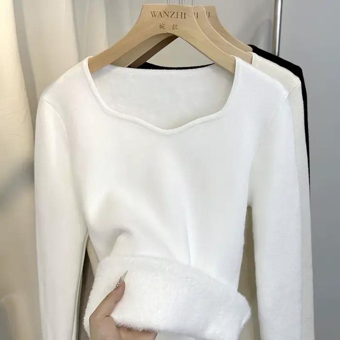 Pull en flanelle polyester à col carré rembourré épais pour femmes automne hiver élégant confortable à offrir pour toutes occasions
