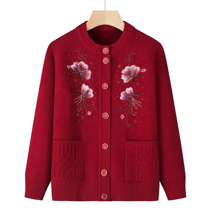 Pull XL-4XL femmes imprimé ajouter velours hiver Cardigan manteau d'âge moyen mère ogo veste chaude grand-mère