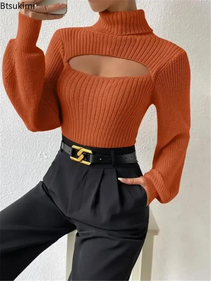 Pull en maille chic à col montant pour femmes, manches lanternes ajourées, polyester et viscose, élégant pour l'automne et l'hiver, occasions spéciales