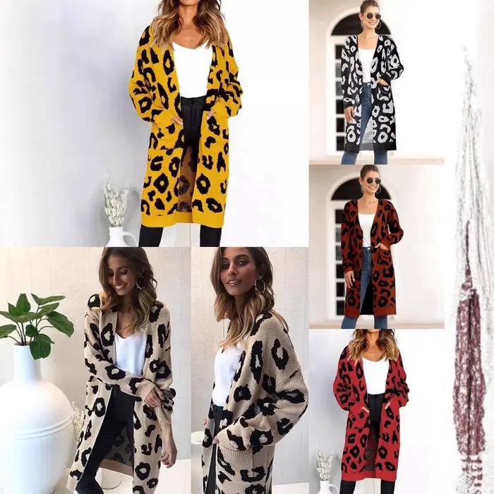 Pull imprimé léopard, Cardigan tricoté ample mi-long pour femme
