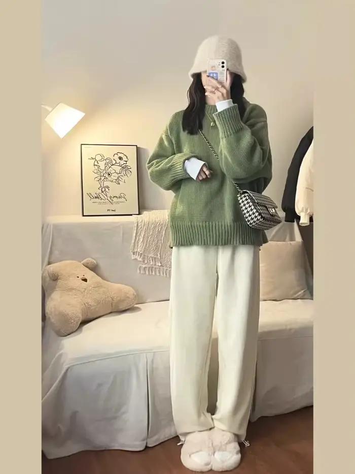 Pull vert à col rond pour femme style rétro japonais confortable automne hiver selaitailye