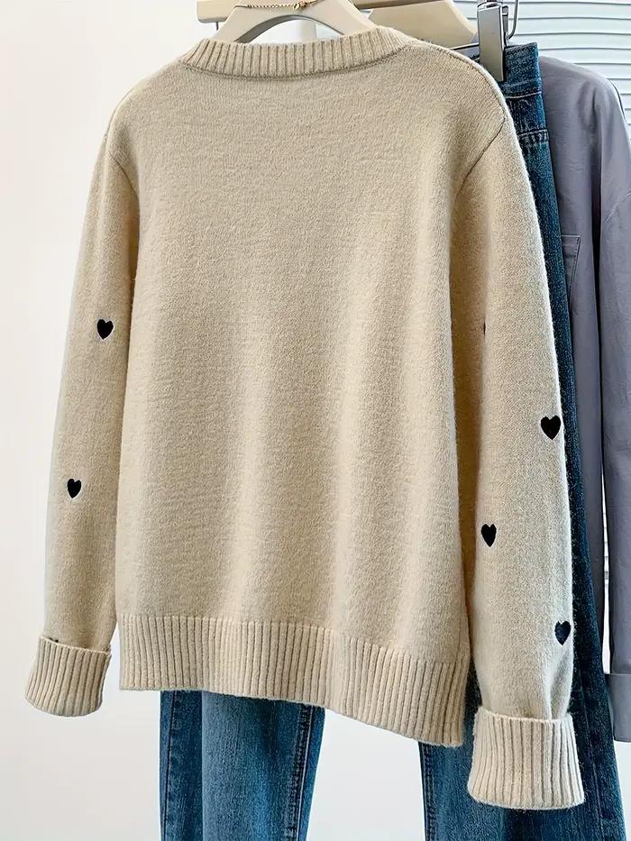 Cardigan pour femme avec broderie en forme de cœur pull en tricot boutonné sur le devant manteau décontracté et élégant pour l'automne et l'hiver