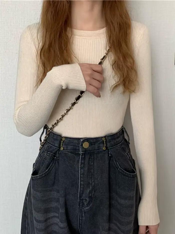 Nouveau Pull Femme 2026 Automne Hiver Manches Longues Col Rond Basique Tendance Élastique Tricoté Uni