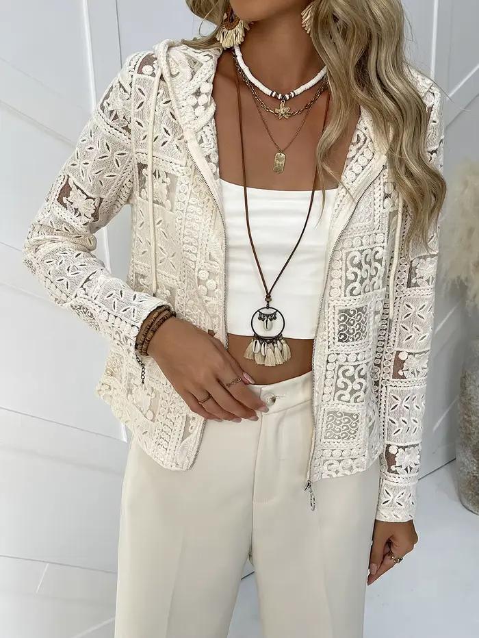 Cardigan à capuche zippé en crochet pour femme style bohème plage décontracté ample polyester printemps été ocassions spéciales