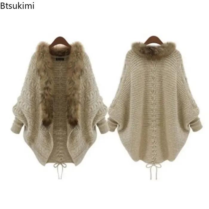 Femmes Cardigan pull épais Poncho Capes automne hiver Femme tricoté manches chauve-souris col de fourrure laine