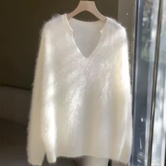 2025 doux couleur unie Mohair pull automne et hiver paresseux vent