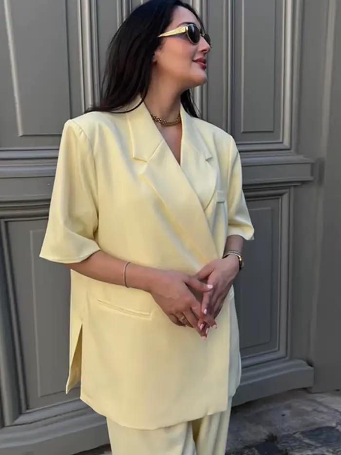 Blazer femme TBPro avec col en V polyester pour printemps et été casual streetwear style tendance dames business casual formalité