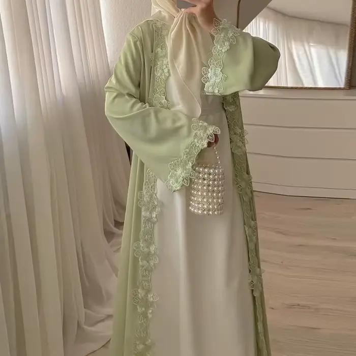 Nouveau Cardigan Vert à Manches Longues avec Bordure Florale en Dentelle