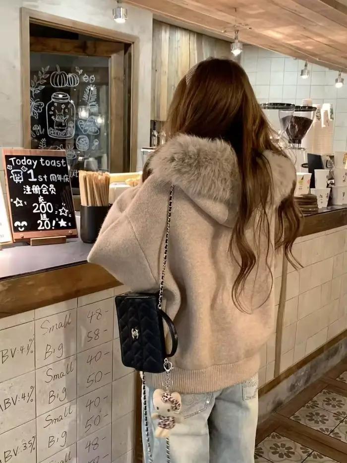 Veste Cardigan tricotée à col en fourrure texturée haut de gamme pour femmes