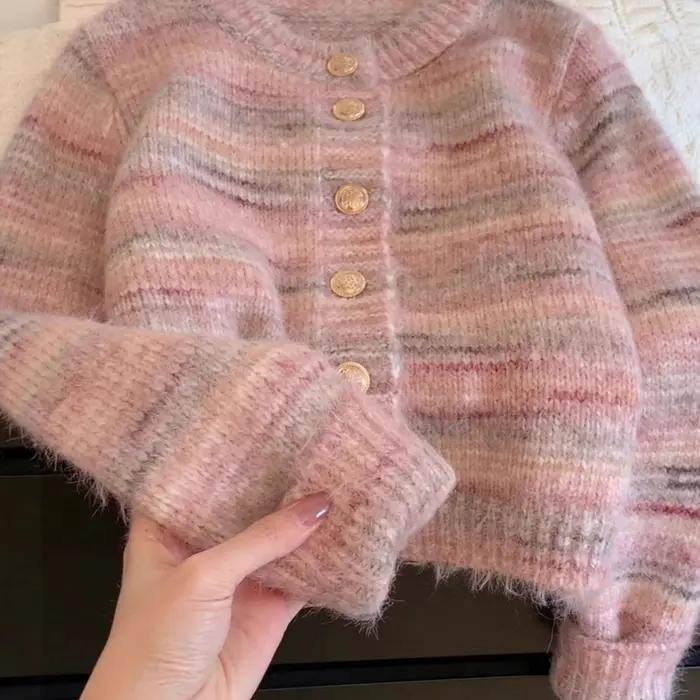 Nouveau Cardigan En Polyester Rose Rayé Élégant Et Simple Pour Femmes Occasions Spéciales Printemps