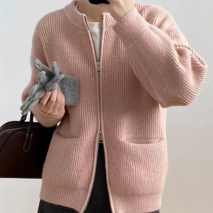 Pull tricoté ample et décontracté bywindto en polyester pour femme, automne hiver 2025, double fermeture éclair, style coréen