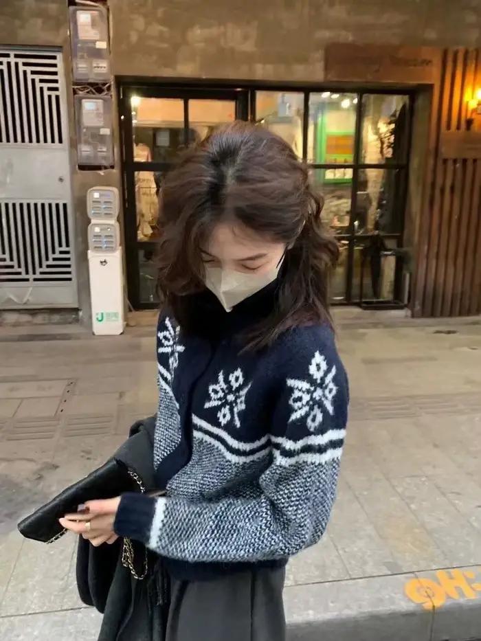 Korejpaa Cardigan femmes Jacquard col haut pull automne hiver épais tricoté Cardigans mode coréenne