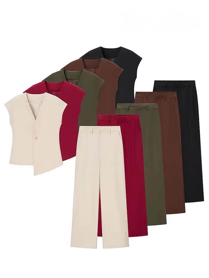 Ensemble HH Femme Chic Solide Col En V Une Boucle Gilet Taille Haute Pantalon Jambes Larges Décontracté Occasions Spéciales Sport Loisirs