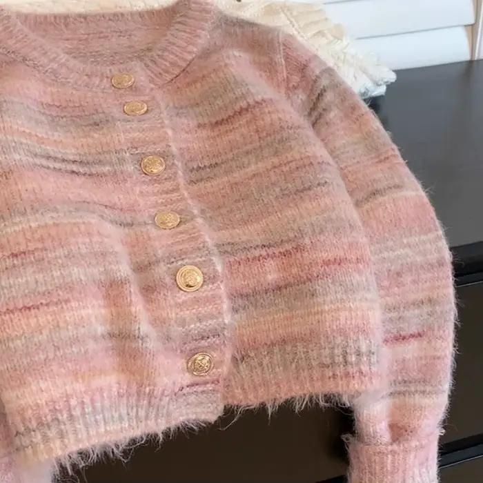 Nouveau Cardigan En Polyester Rose Rayé Élégant Et Simple Pour Femmes Occasions Spéciales Printemps