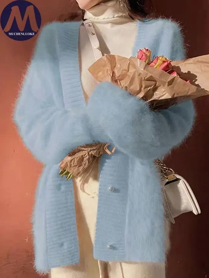 Pull ample à col en V pour femme, cardigan élégant en polyester, hauts magnifiques pour automne et hiver, style coréen, confortable et chic