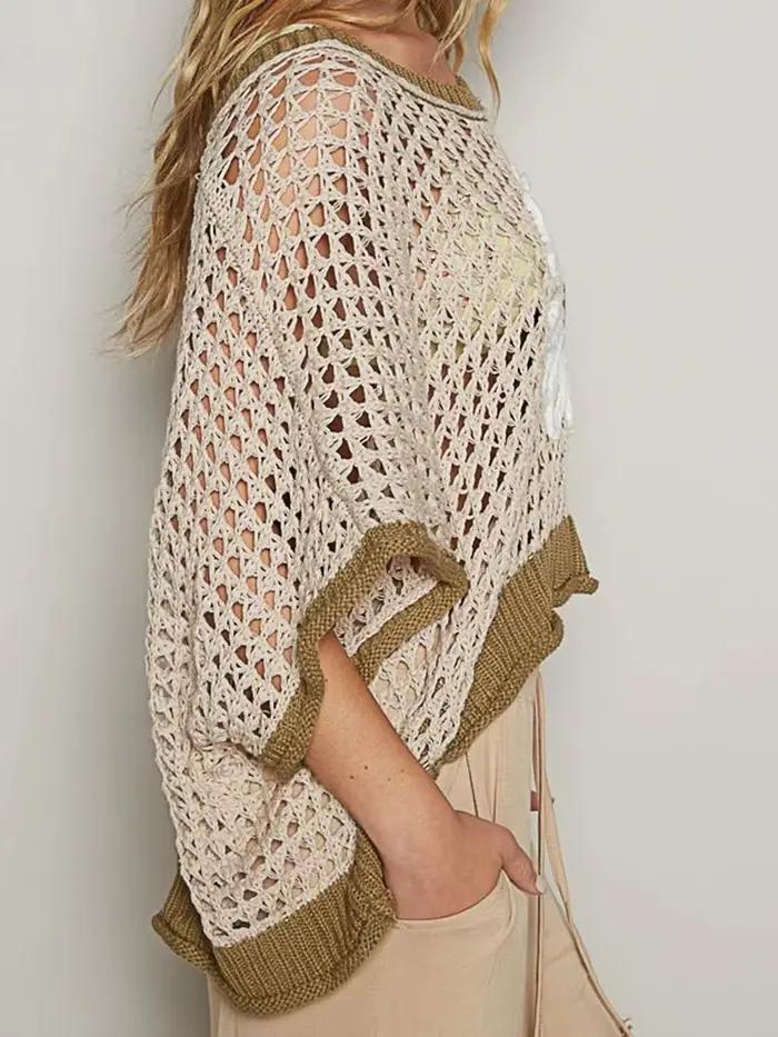 Haut ajouré au crochet pour femmes demi-manches broderie marguerite polyester tricots ajourés été plage ocassions spéciales