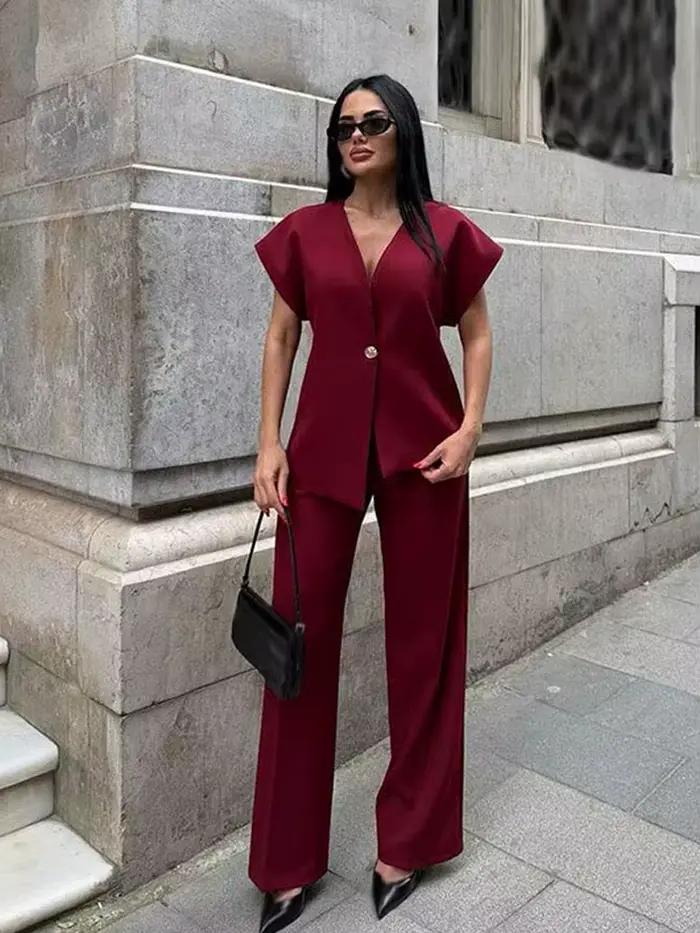 Ensemble HH Femme Chic Solide Col En V Une Boucle Gilet Taille Haute Pantalon Jambes Larges Décontracté Occasions Spéciales Sport Loisirs