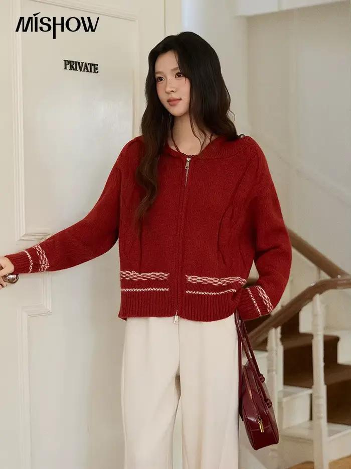 MISHOW noël rétro rouge pull 2025 automne hiver à capuche fermeture éclair contraste couleur rayures Cardigan femme vêtements MXE51Z2697