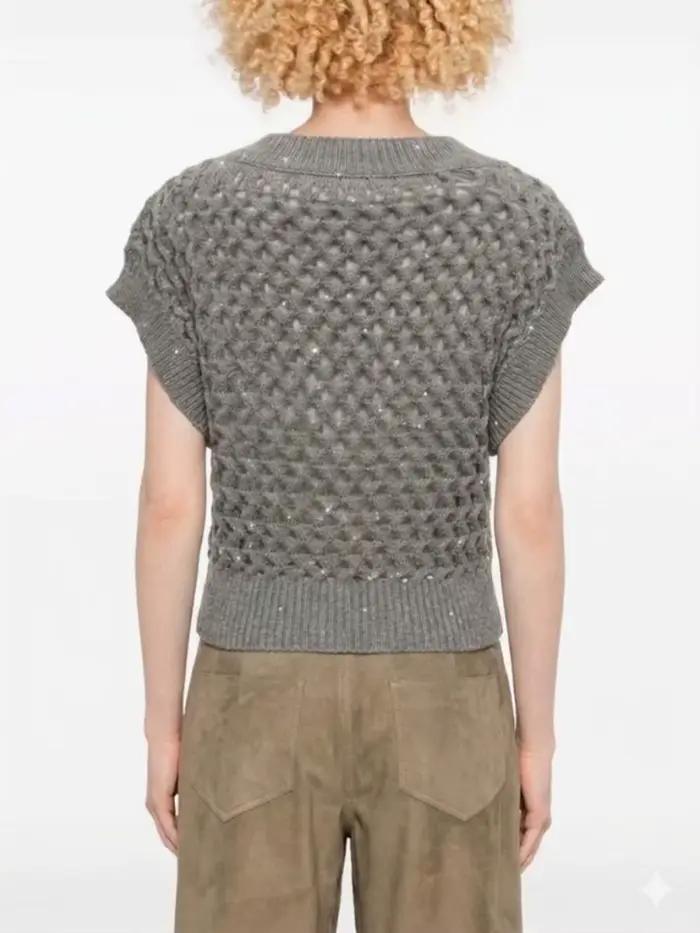 Gilet en tricot ajouré à col en V pour femme