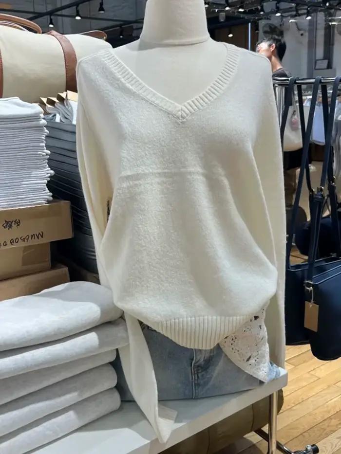 Beige col en v tricoté pull femmes automne hiver décontracté doux à manches longues