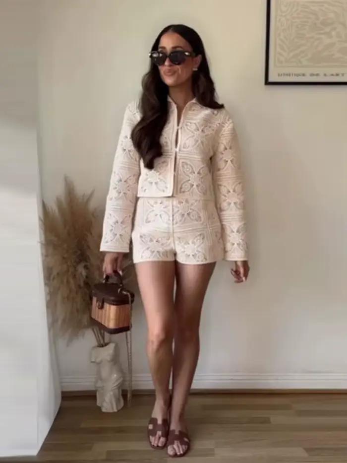 Crochet évider Cardigan Shorts costumes femmes élégant revers à manches longues simple boutonnage manteaux taille basse