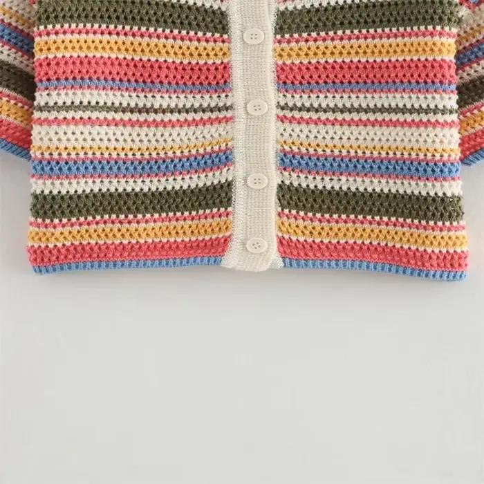 Pull court rayé en tricot au crochet pour femme, col polo, coupe ample, style décontracté, polyester, saison toute l'année, pour femmes matures, occasions spéciales, shopping, soirées