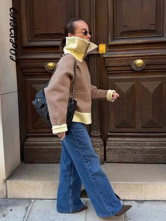 Cardigan zippé en maille à empiècements pour femme