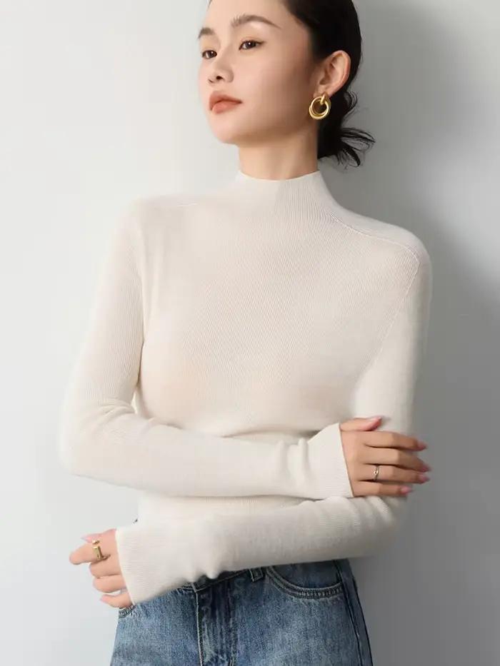 Pull basique pour femme en 100 % laine mérinos Yangzi