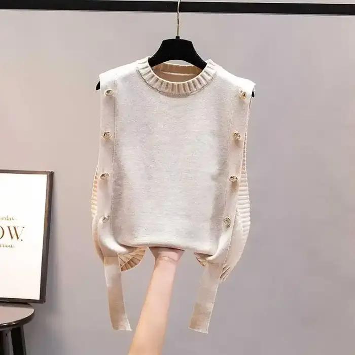 Pull en tricot noir à col rond pour femme, design Harajuku sans manches, coupe ample, style coréen, matériau coton-polyester-acétate, saison automne-hiver, confort et élégance pour toutes les occasions