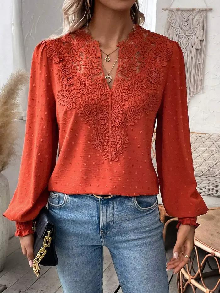 Pull en dentelle à manches longues pour femmes, pull à col en V, manches bouffantes, mignon, automne, polyester, occassions spéciales ```