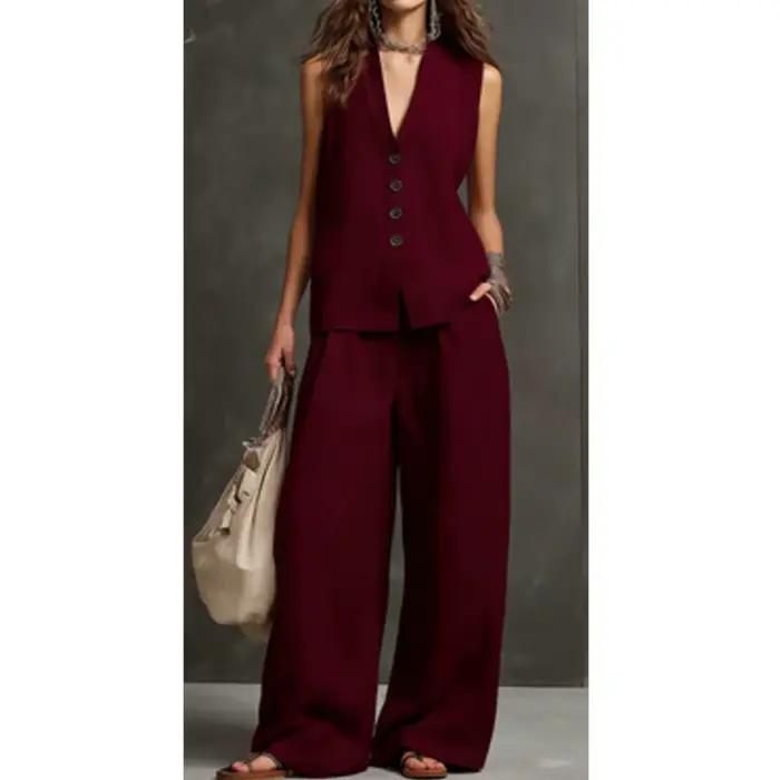 Ensemble deux pièces d'été pour femme : Gilet sans manches et pantalon large en lin