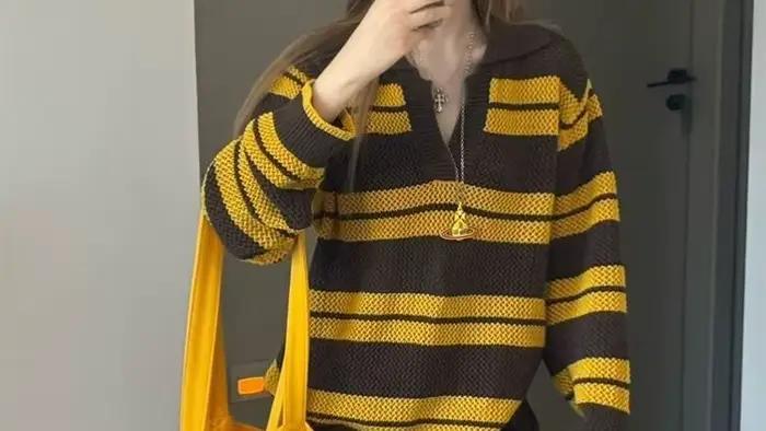 Pull tricoté rayé à manches longues pour femme