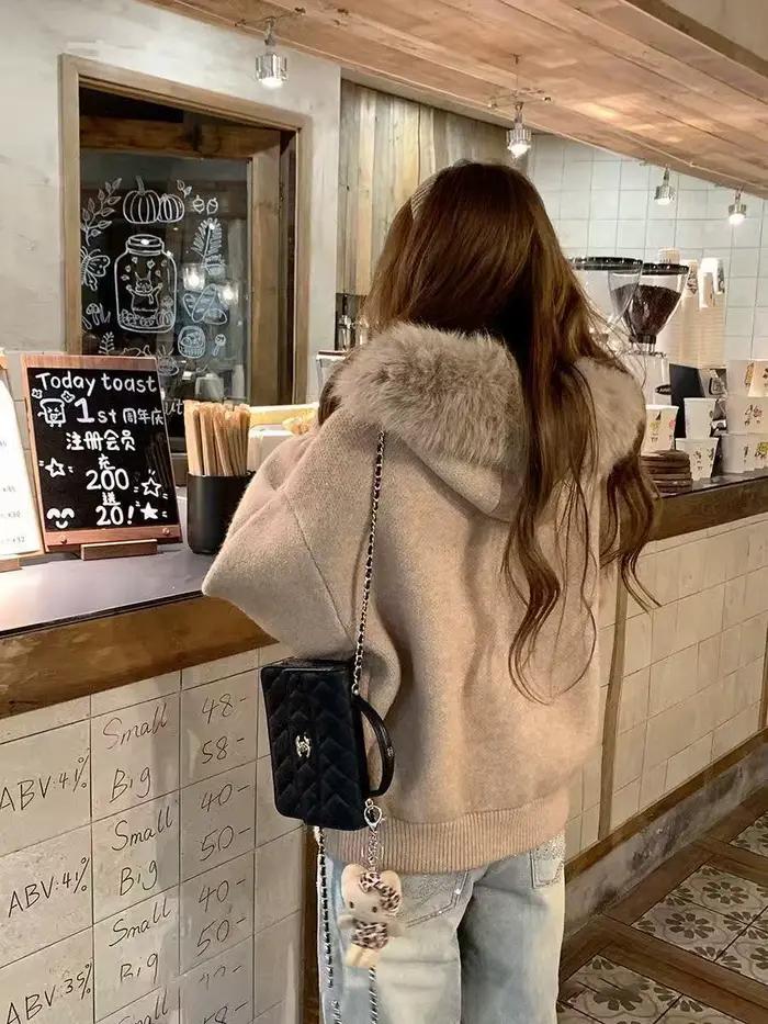 Veste Cardigan tricotée à col en fourrure texturée haut de gamme pour femmes