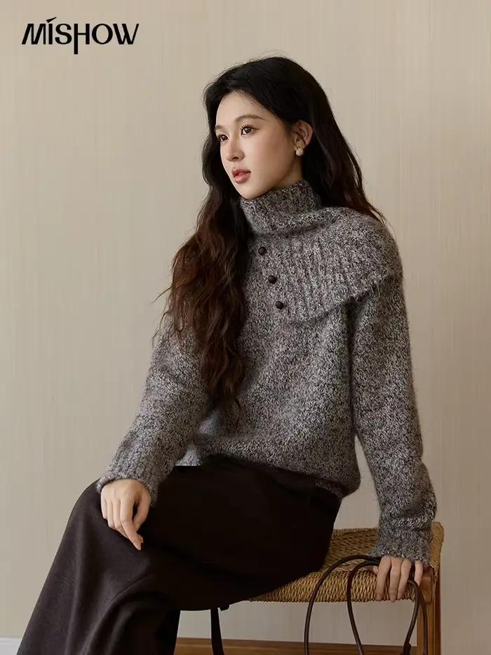 MISHOW femmes gris pull en tricot avec écharpe de cou 2025 hiver texturé bouton décor ample chaud