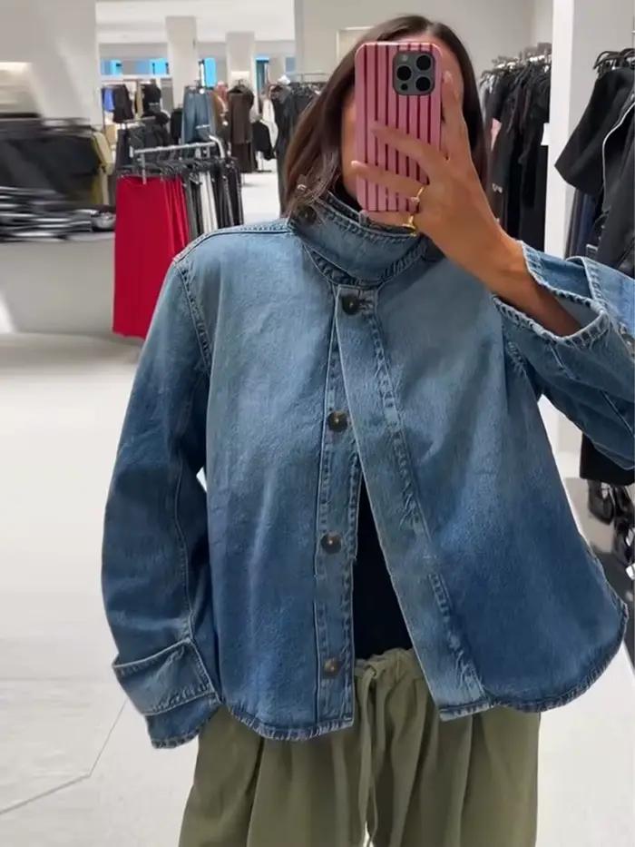 Femmes Denim tricot Patchwork veste revers épissures simple boutonnage à manches longues manteau dame poches
