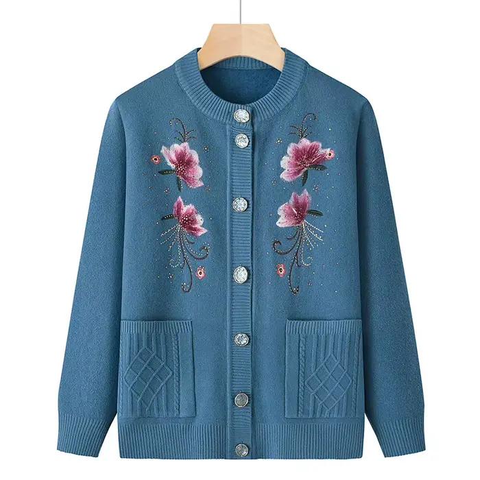 Pull XL-4XL femmes imprimé ajouter velours hiver Cardigan manteau d'âge moyen mère ogo veste chaude grand-mère