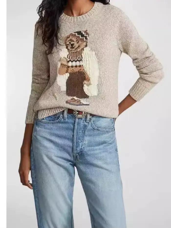 Pull coton ample avec motif ours de dessin animé pour femme, style bureau, automne et hiver, nouvelle collection 2025, idéal pour les fêtes et les occasions spéciales