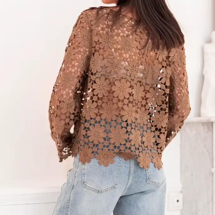 Pull en maille ajourée à motif floral pour femme, coupe ample, style décontracté, polyester, col en V, superposition avec haut à col rond et manches longues, automne hiver