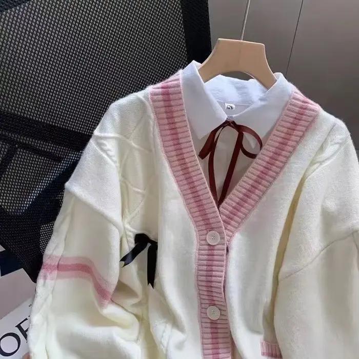 Cardigan Femme Y2K Élégant à Col en V Couleur Contrastée Pour Occasions Spéciales Casual Chic