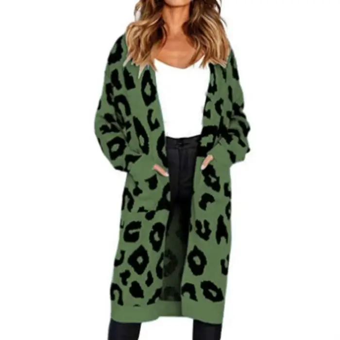 Pull imprimé léopard, Cardigan tricoté ample mi-long pour femme