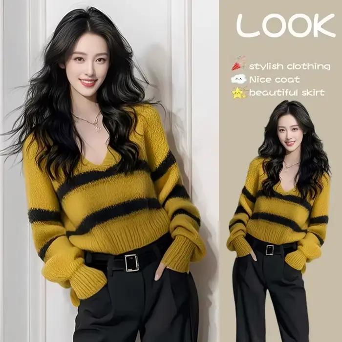 Pull jaune rayé ample et décontracté pour femmes automne hiver confortable style élégant ocassions spéciales