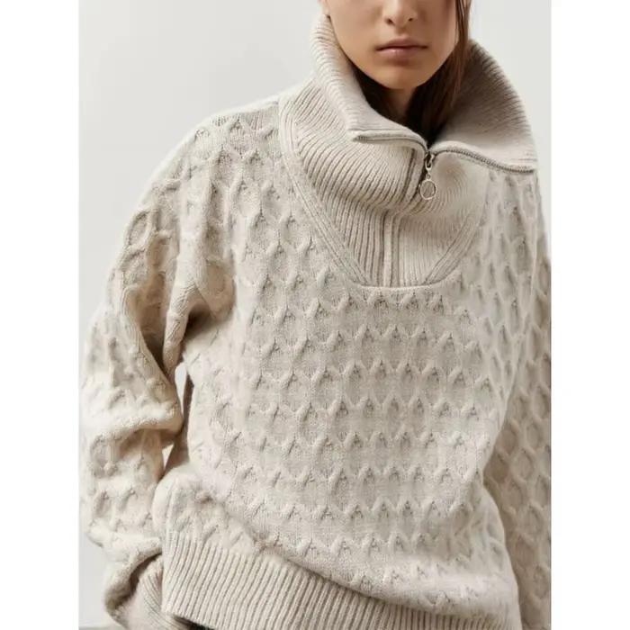 2025 automne/hiver nouveau Premium col haut demi-fermeture éclair pull femmes paresseux tricoté épais aiguille